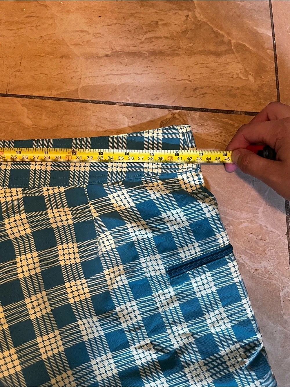 Patagonia plaid board shorts in teal and lime green